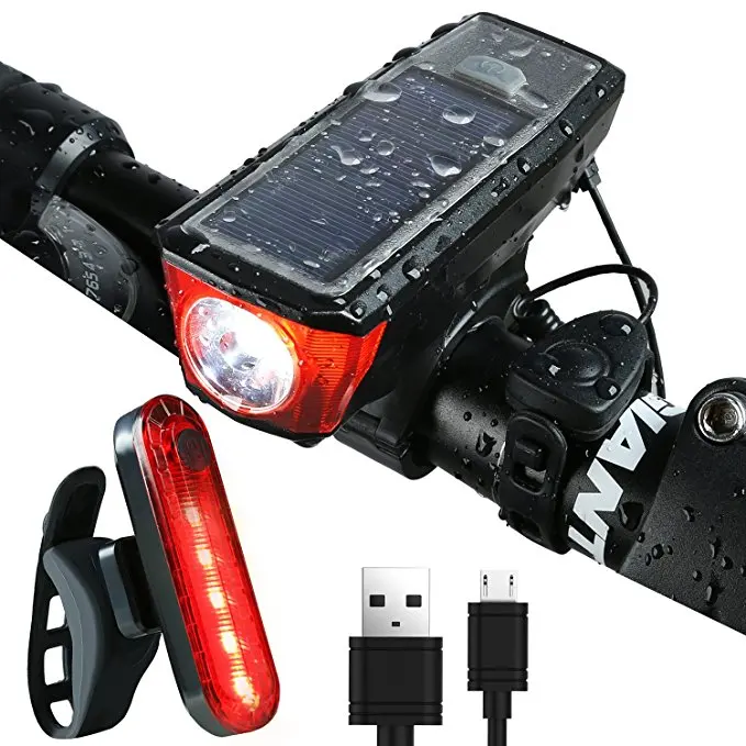 USB rechargeable waterproof IPX5  Solar Powered Bicycle Light LED Front Light with Bell Horn Solar mountain bike lights