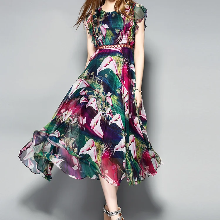 
Yihao Wholesale Woman Chiffon Flare Dress Ladies Big Size European Fashion Casual Floral Print Maxi Dresses 
