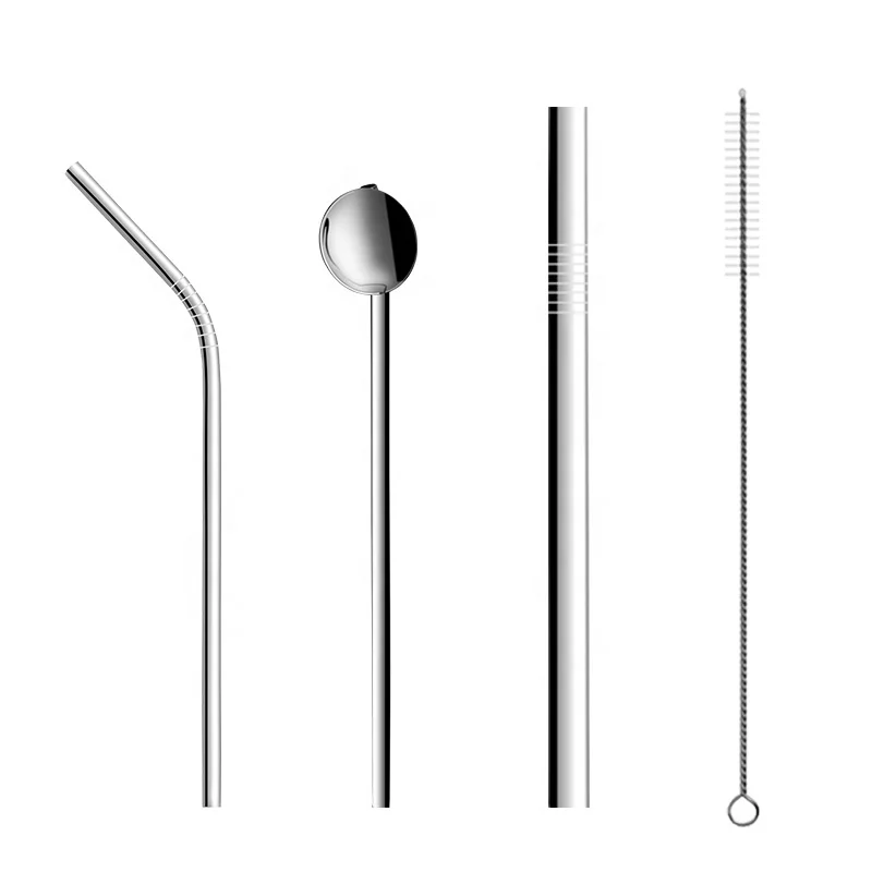 Environment-Friendly reusable metal stainless steel straw spoon set of 4 with cleaning brush for boba tea coffee milk