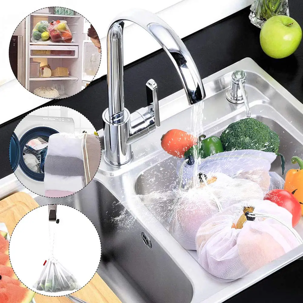 ECO FRIENDLY RECYCLED DRAWSTRING MESH BAG STRING SHOPPING WASHABLE NET PRODUCE REUSABLE RPET MESH BAGS FOR FRUITS AND VEGETABLES