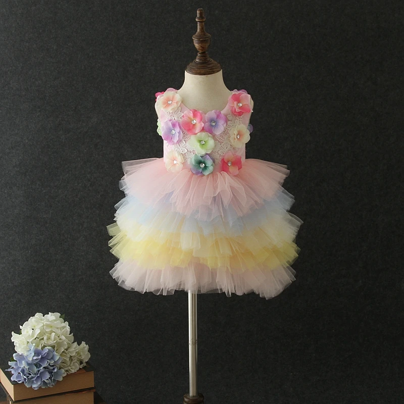 2019 Unique Design Pink Flower 1 Year Old India Summer TUTU Baby Girl Princess Dresses For Holiday Birthday Party