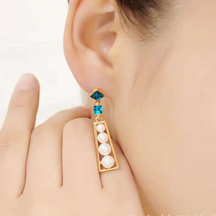 2017 New Model Fashion three pearls kc gold rectangle border blue prismatic Rhinestone women girl party jewelry charm earring
