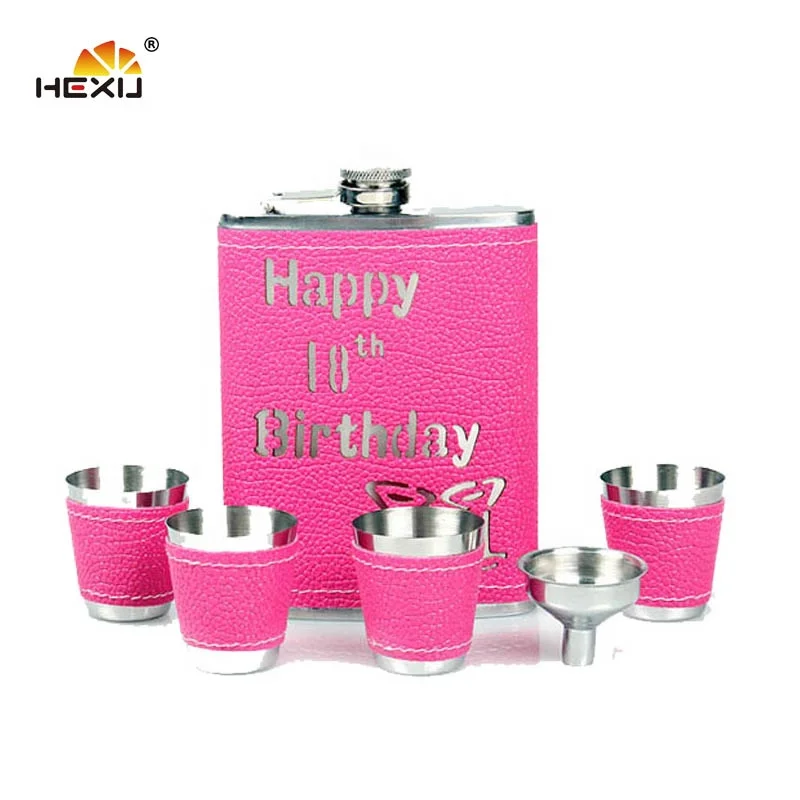 7oz stainless steel pink leather pouch glitter hip flask
