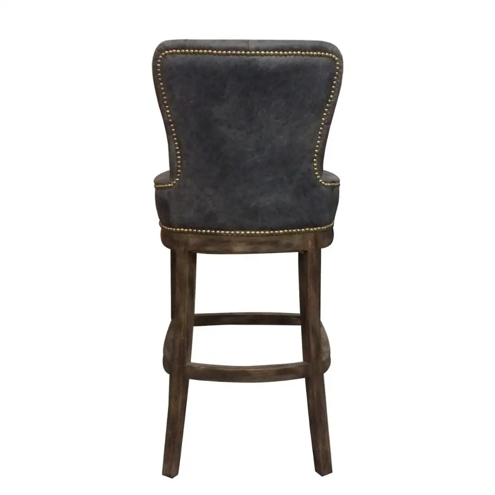 Antique Wood Chesterfield grey leather bar stools with back  Vintage Chair