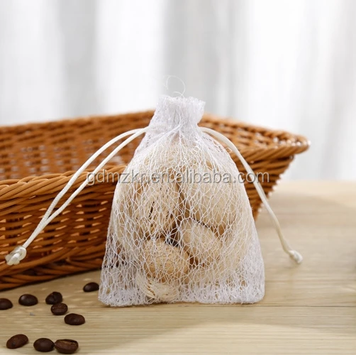 China factory promotional white cotton nylon mesh drawstring raschel bag for dry fruit storage
