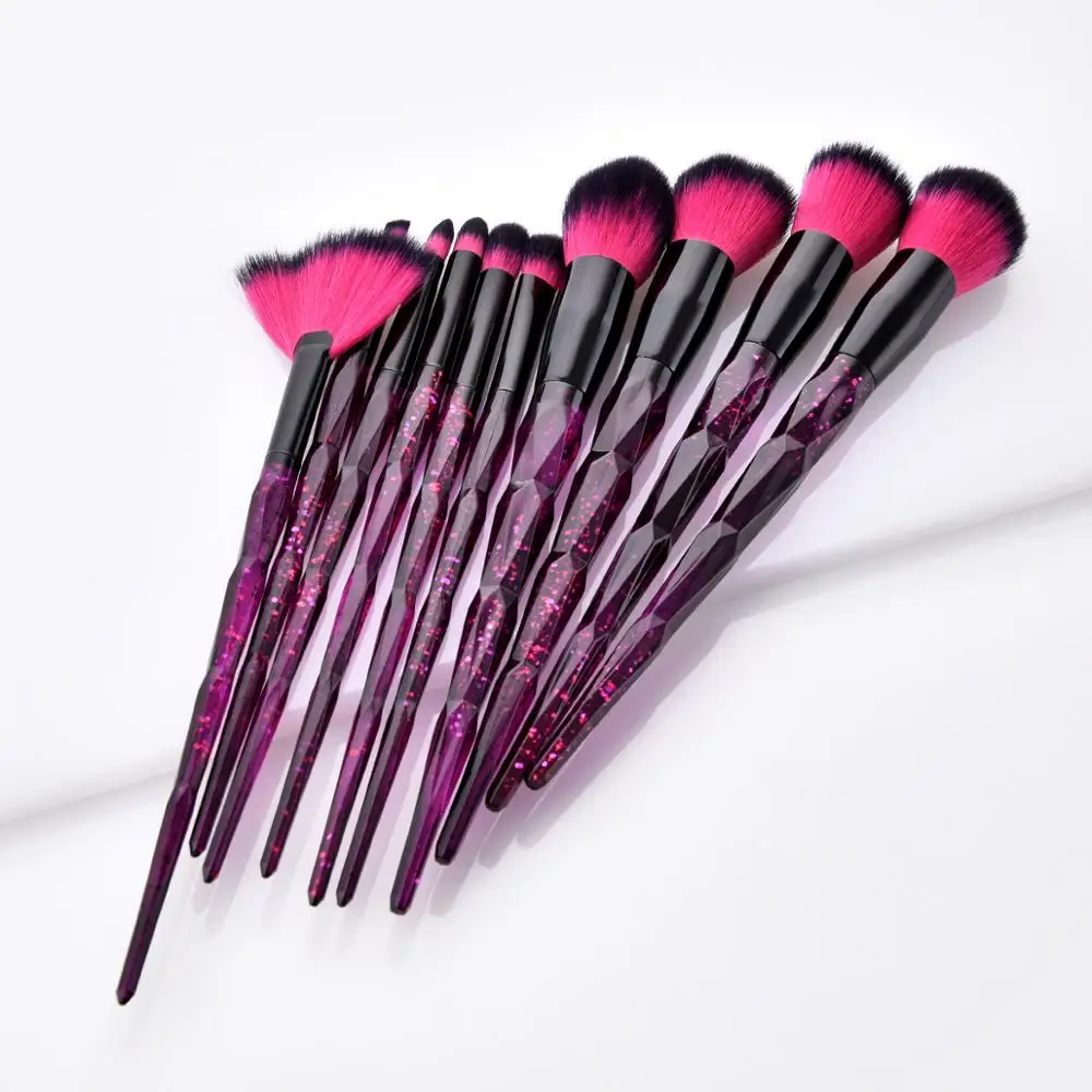 2019 Popular Cosmetic Rose Red Black Hair Makeup Brushes Purple Crystal Diamond Sky Long Handle Make Up Brush with 10 pcs set