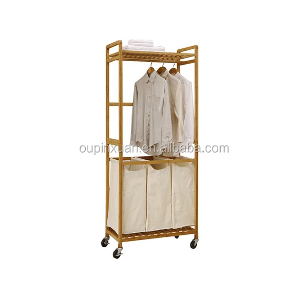 2015 New Style Bamboo laundry hamper trolley hot sale hamper basket with clothes rack