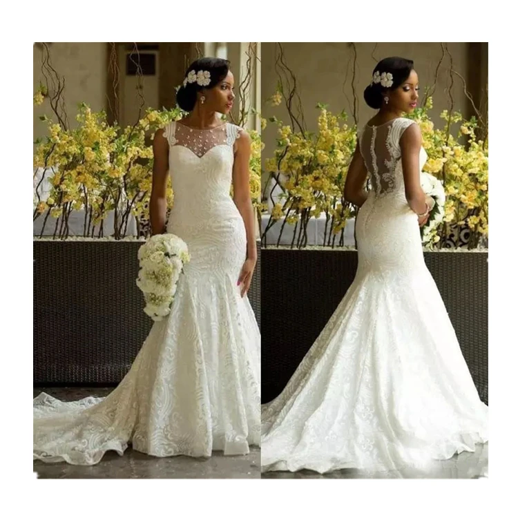 Simple Illusion Custom Design Ruffles Mermaid Wedding dress Lace Appliques Sleeveless Count Train Bridal Gown 2020 WF038