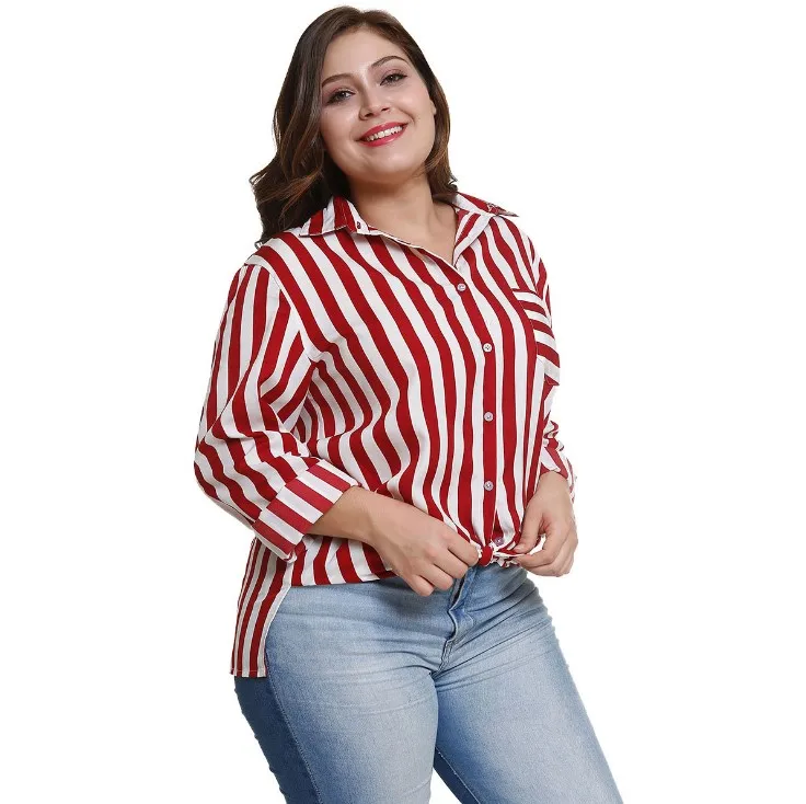 2019 Factory Price latest design Striped Button Design Plus Size Shirt for women blouse with pocket