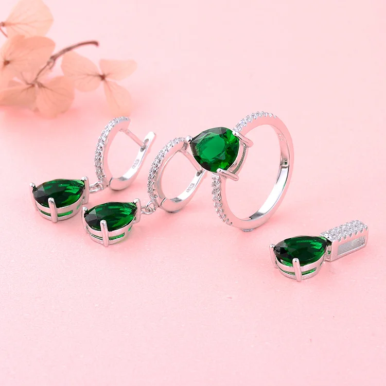 POLIVA Classic Elegant Turkish 925 Sterling Silver Green Stone AAA Cz Emerald Teardrop Bridal Wedding Jewelry Sets