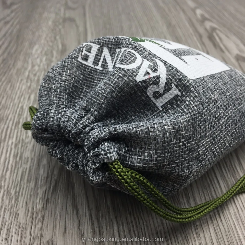 Custom Logo Printed Burlap Hessian Coffee Christmas Gift Drawstring Jute Gunny Pouch Grey Cotton String Jute Bag