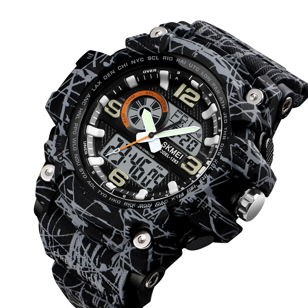 Multiple dual time Alarms waterproof with Date Chronograph men black plastic digital sports watch wristwatch
