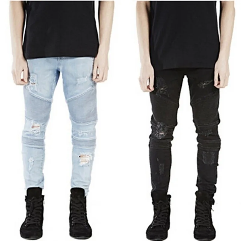 
ripped motor jeans Mens biker Skinny jeans for men slim elastic jeans denim Biker jeanshiphop pants in stock accept small order 