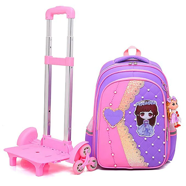 Hot item 6 wheels polyester detachable backpack lace pearl decor princess girl trolley school bag