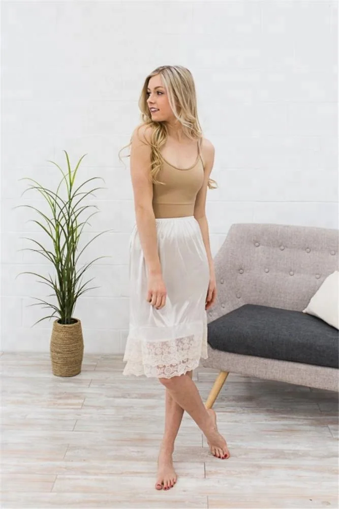 Summer Ladies White Lace Trim Knee Length Skirt Extender