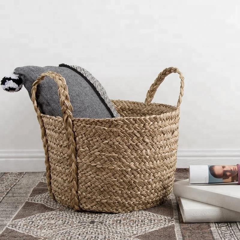Extra Large Home Storage Handmade Sea Grass Straw Bin Wholesale Laundry Baskets With Handles