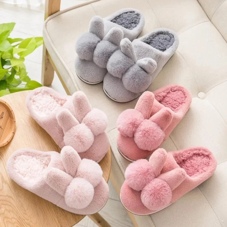 Cute fluffy plush rabbit animal parent child girls boys couple slipper