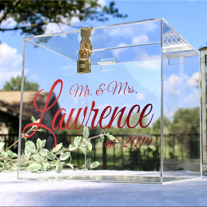 Lockable Personalized Acrylic Wedding Card Box Clear Perspex Wedding Money Box With Gold Lock