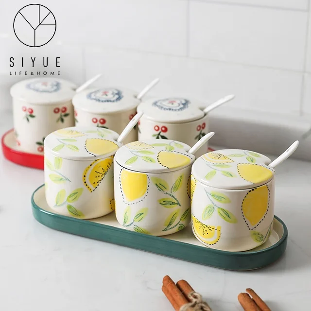 Wholesale Ceramic Spice Jar Set With Spoon For kitchen 1101