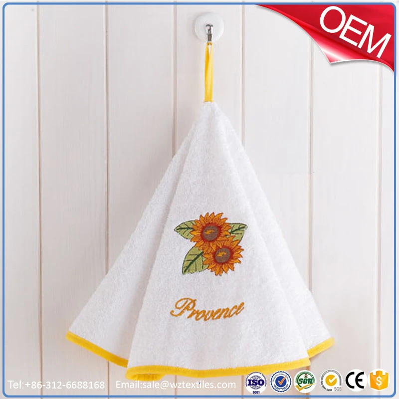 Round terry loop kitchen tea towel with hanging tie wholesale