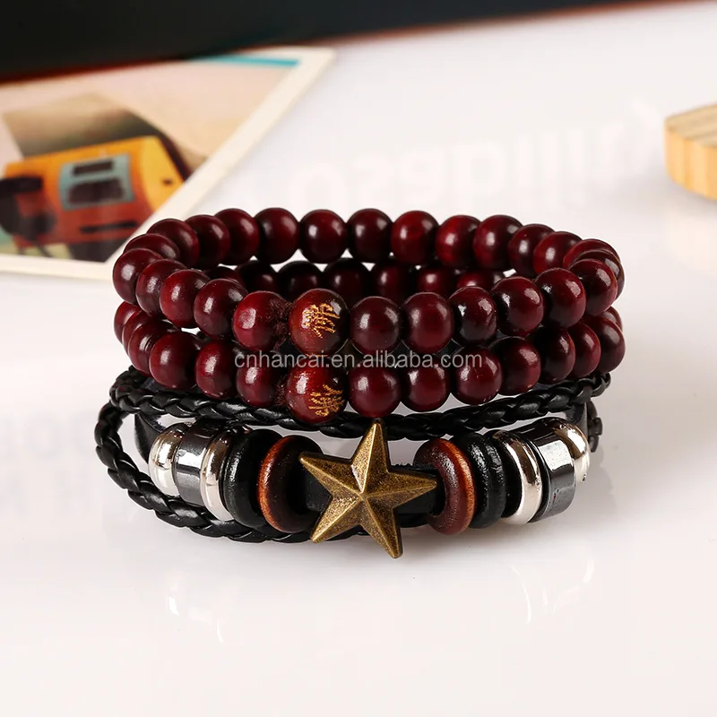 Retro Multilayer Woven Wrap Genuine Leather Bracelet Wooden Beads Star Bangle for Women Vintage Wristband Jewelry Accessories