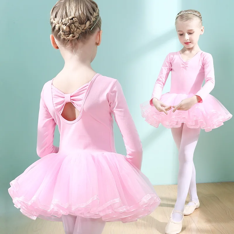 Kids Girls Long Sleeve Ballet Dress for Gymnastics Professional Ballet Tutu Children Costume Ruffle Dress Teen Girls Dance Dress
