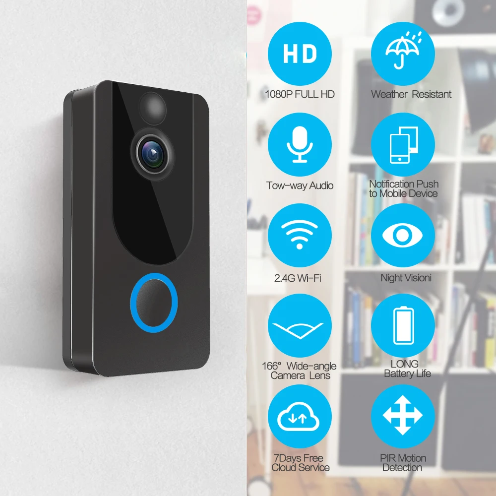 QZT 1080P Full HD V7 Wifi Video Doorbell Sensor Waterproof / Weatherproof CMOS with Night Vision and PIR Motion Sensor