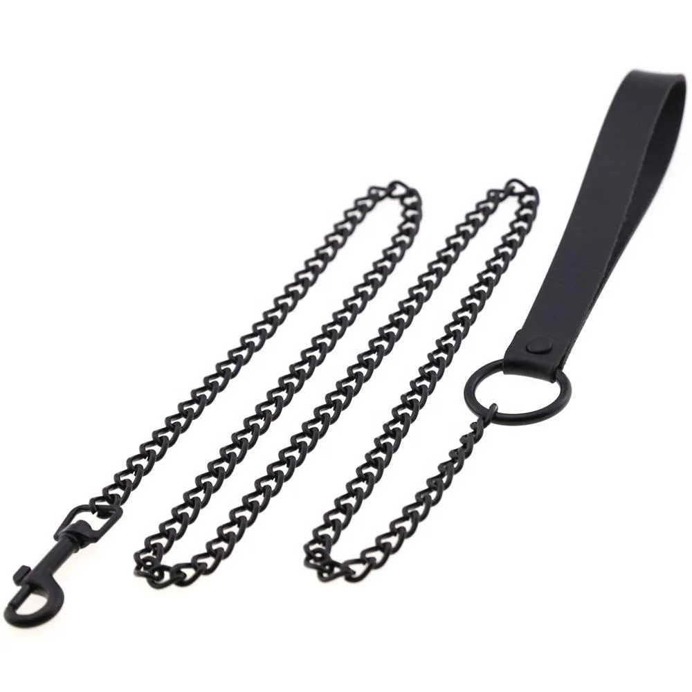 PU Leather Handle Pet Traction Rope Dark Black Metal Chain Traction Belt,Sex Toys For Couple