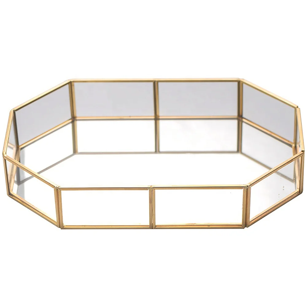 Glass Jewelry Makeup Storage Tray Large Gold Metal Glass,glass Sustainable 0.74 Kg Octagon 20 Pcs Modern 30*20*5cm(l*w*h)