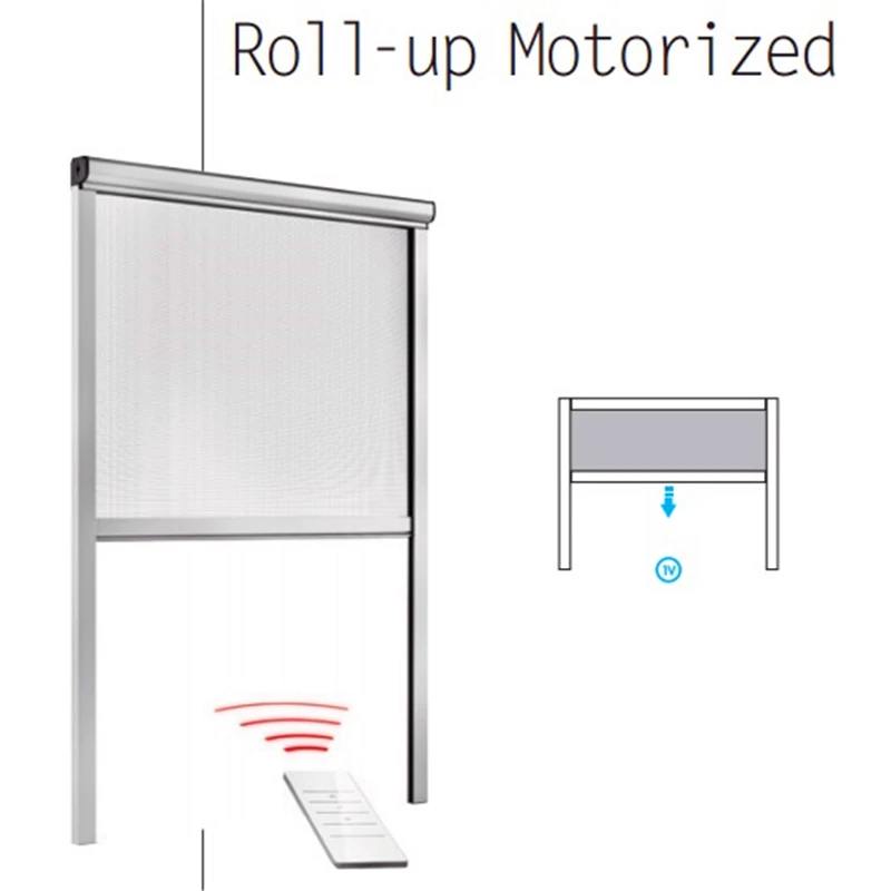 Motorized roll up fiberglass mosquito fly screen window and door