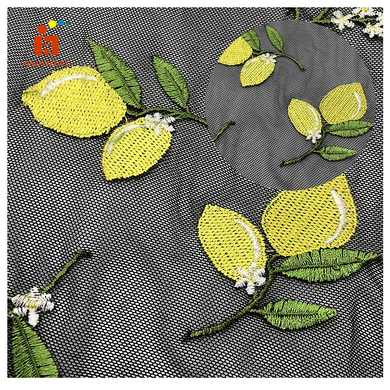 lemon design multi color flat embroidery stretched mesh fabric for lady dress