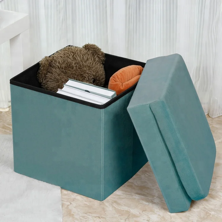 Velvet Ottoman Stool Chair with Backrest Foldable Storage Pouf
