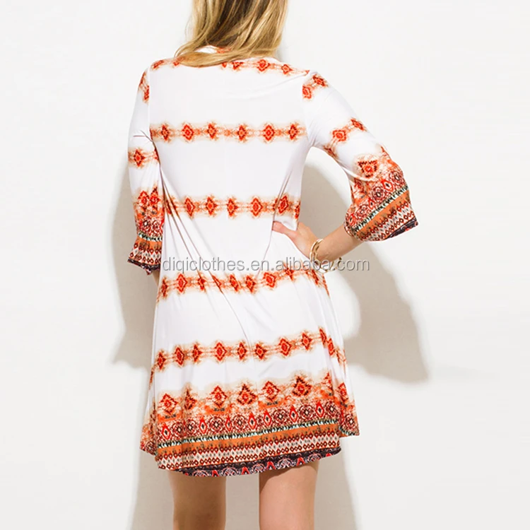 Newest Women Dresses Wholesale Red White Multicolor Abstract Ethnic Print Indian Collar Tunic Boho Mini Dress