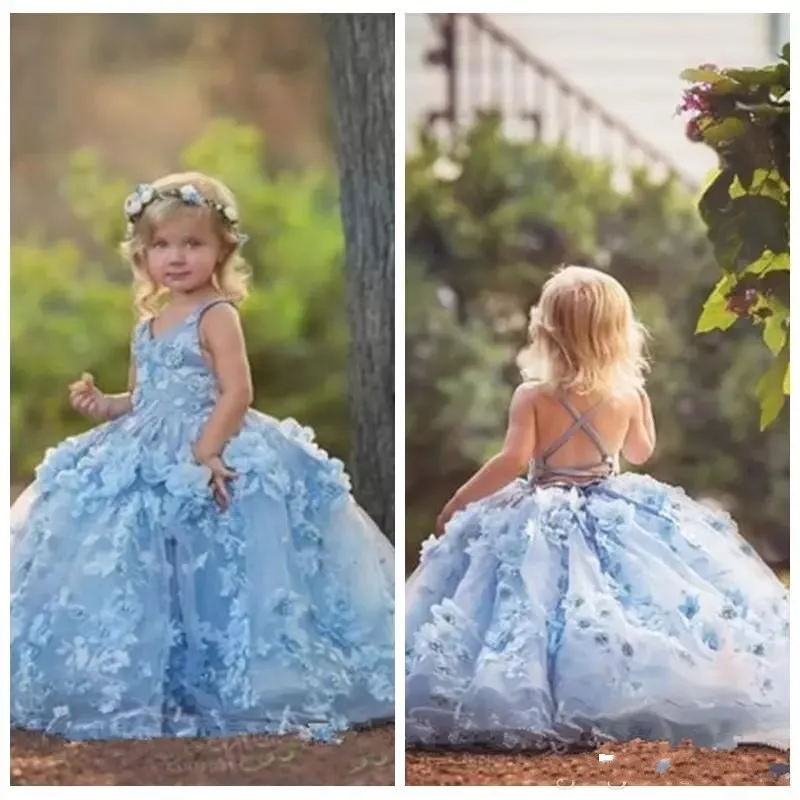 ZH0261X 3D Floral Applique Flower Girls Dresses Cross Straps Backless Communion Party Gowns Puffy Tulle Ball Gown