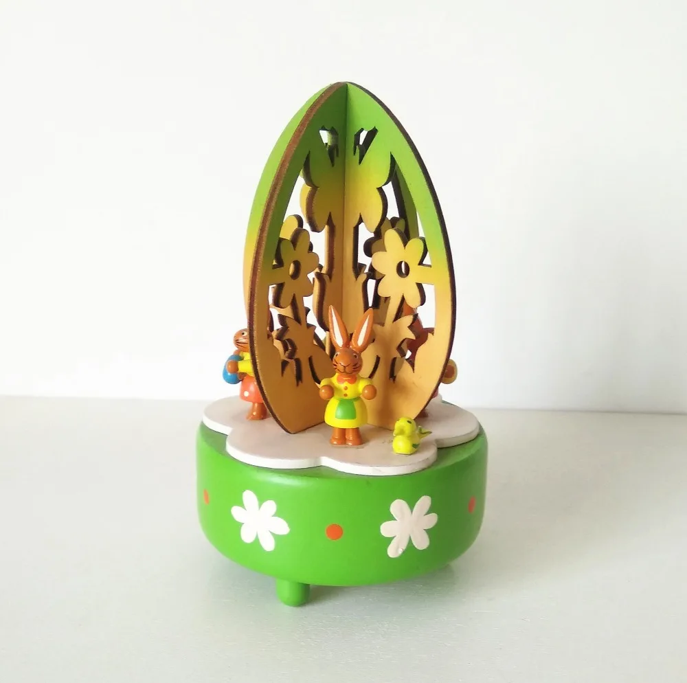 Round flower religious crafts easter bunny music box wood for presents