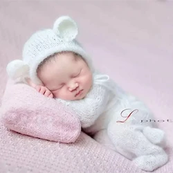 Newborn Footed Long Sleeve Onesie Romper and Bonnet set Luxury yarn Photography Prop Handmade knit Baby Alpaca Romper