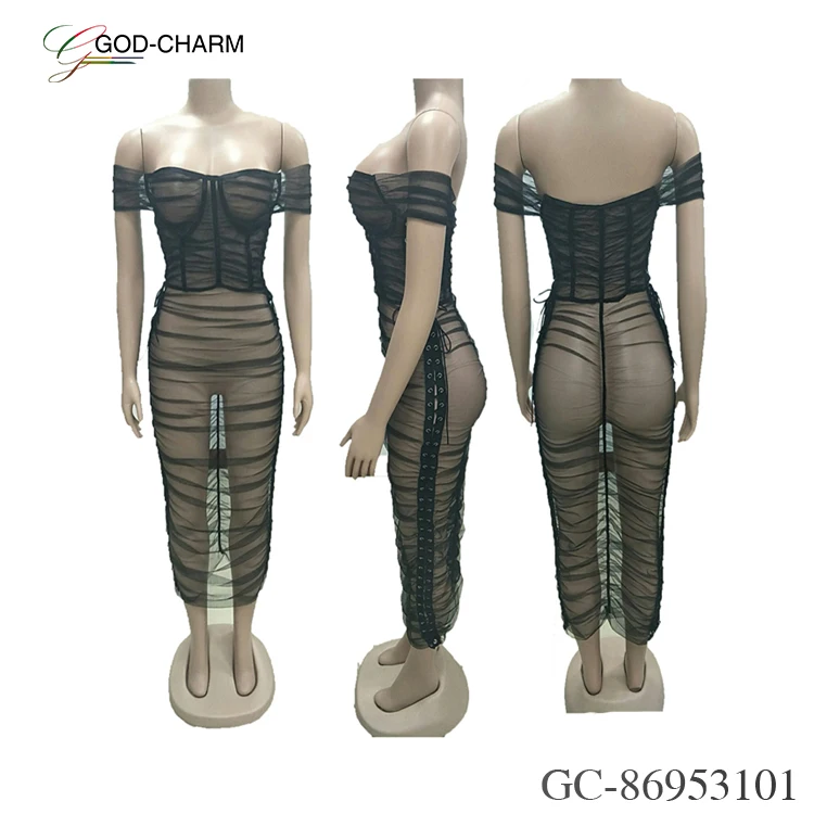 *GC-86953101 2022 new African clothing God-Charm wholesale sexy off-shoulder eyelet see-through mesh dress for nightclub wear