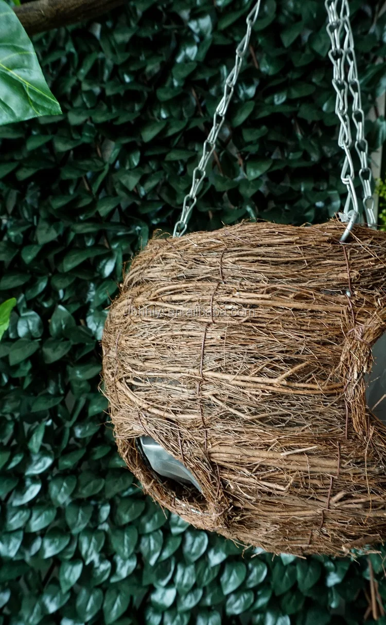 Натуральная подвесная корзина из ротанга ручной работы для украшения сада, подвесные горшки для растений с цепочкой и крючком диаметром 24 см