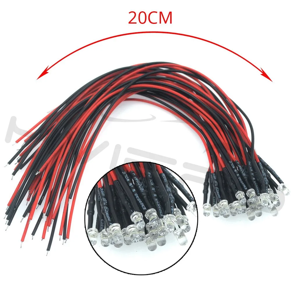F3 3mm 20cm Pre wired LED Round light lamp bulb chip beads cable DC 12V Red  Emitting Diodes