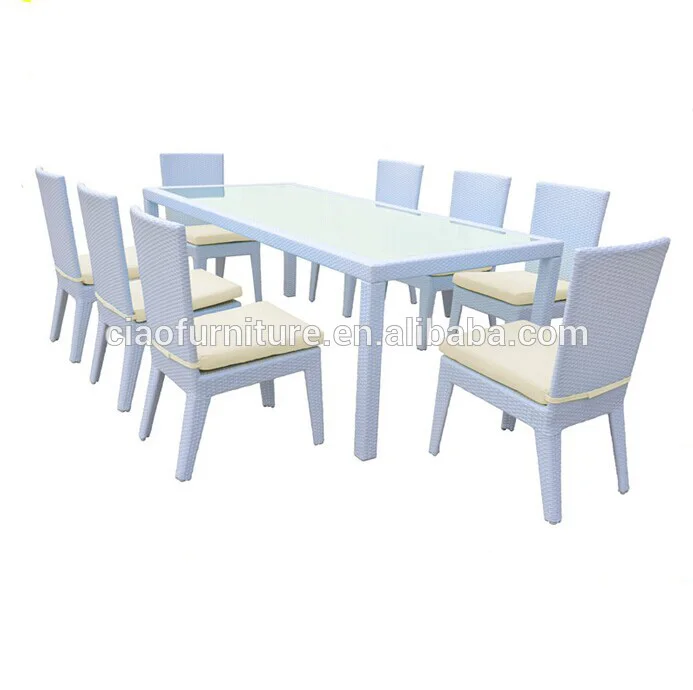 outdoor furniture rectangle long dining table set 8 seater table and chair paito rattan furniture white color garden dining set