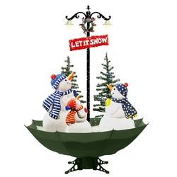European market buy Christmas musical decorations falling blowing snow Christmas tree with umbrella and penguins