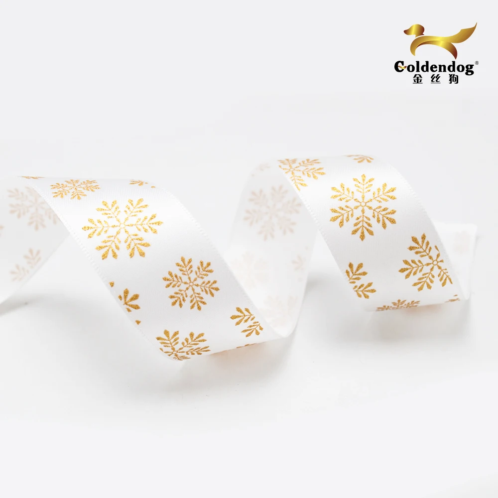 Manufacturer of single face red polyester ribbon satin christmas printed sliver and gold snow ribbon 25mm