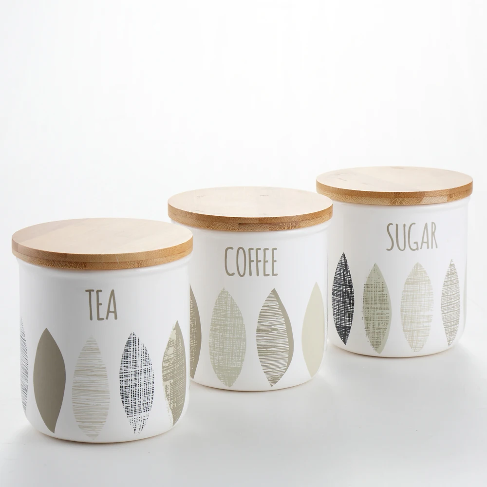 White decaled ceramic canisters set with bamboo lid 3pcs