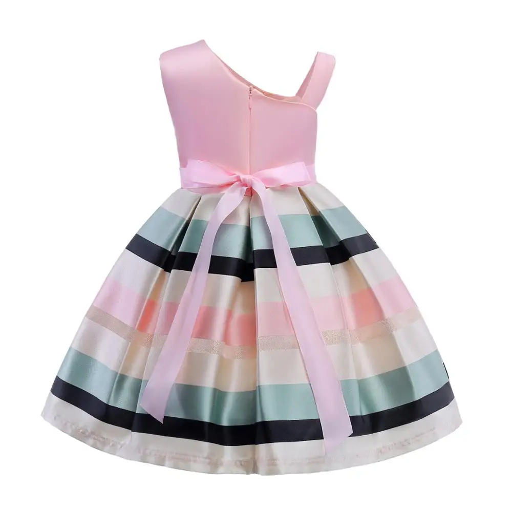 Kids One-Shoulder Party Dress Wholesale Girl Formal Dress Sling Bare Shoulder Stripe Flower Embroidered Princess Dress