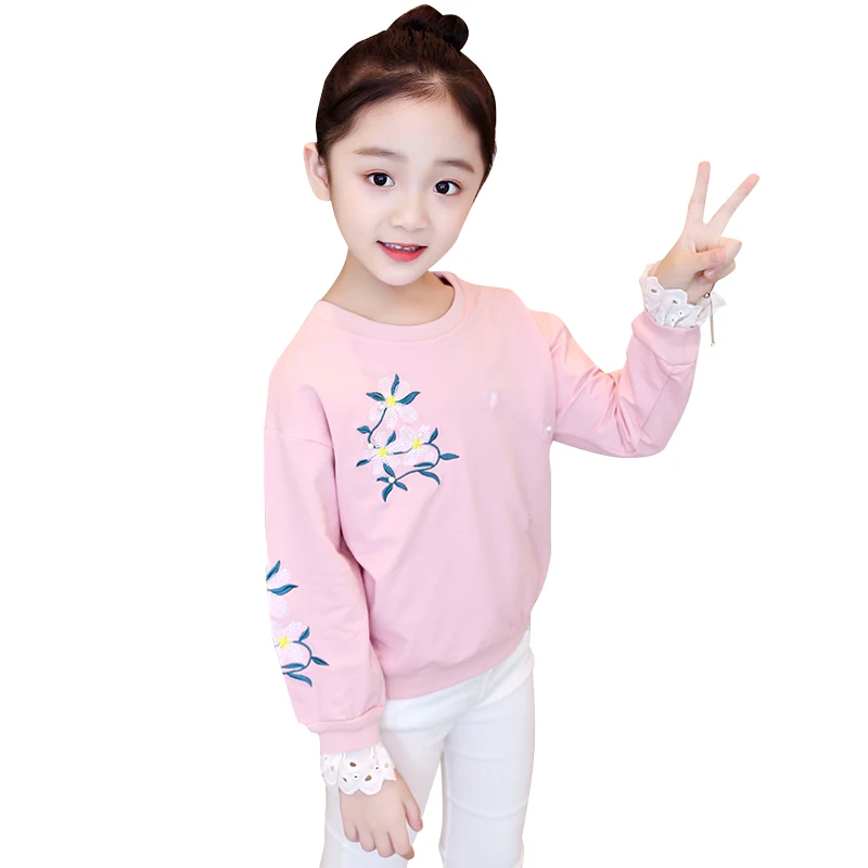 
Children clothing cotton fabric embroidered pearl lace ruffles pullover hoodie 