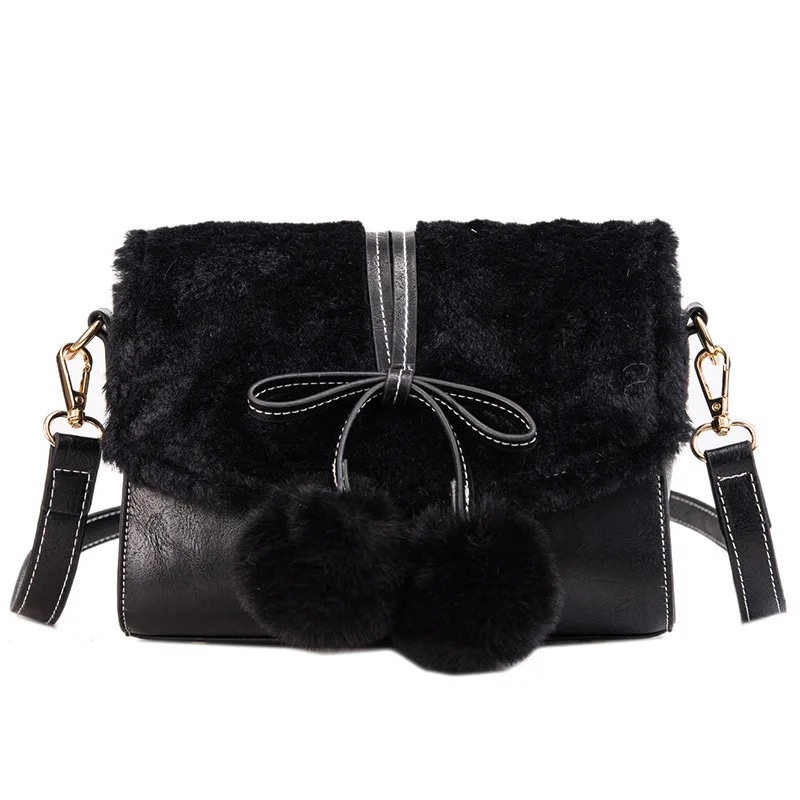 
New stylish 2018 women handbags faux fur mini shoulder bags with bow decoration and long adjustable strap 