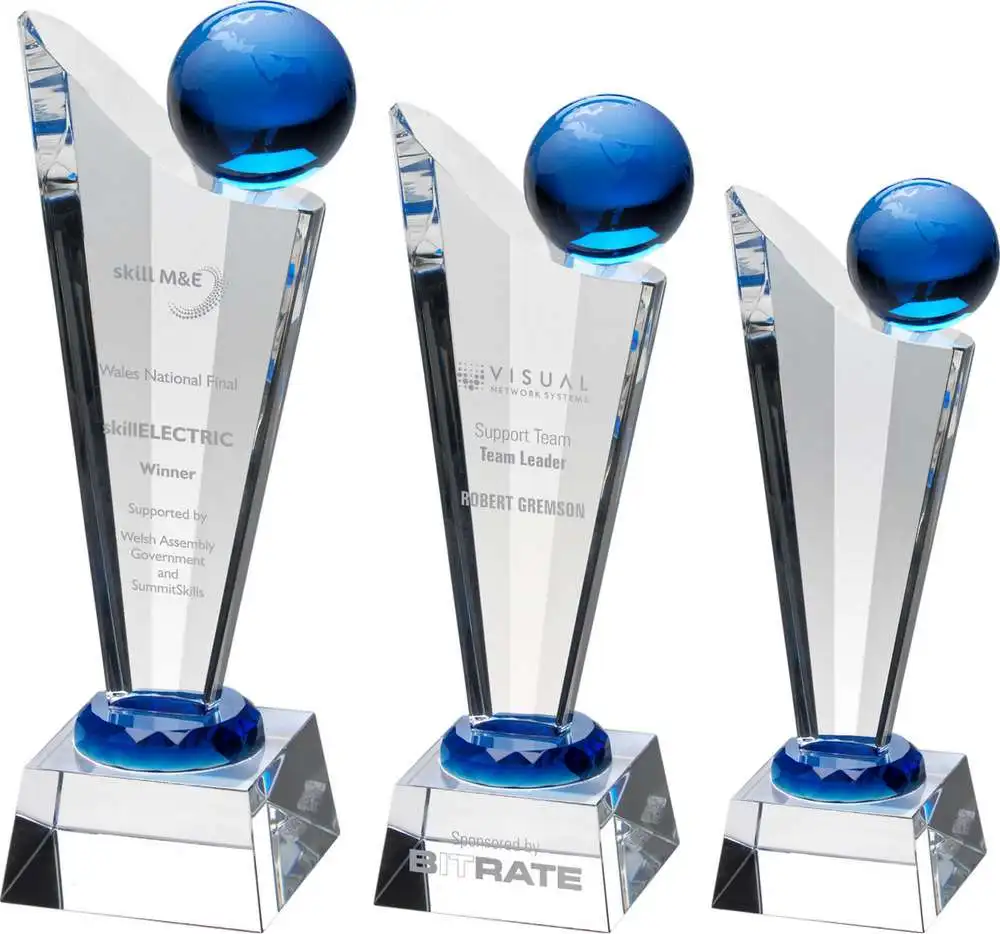 CLEAR BLUE GLASS VICTORY PLAQUE WITH BLUE GLOBE