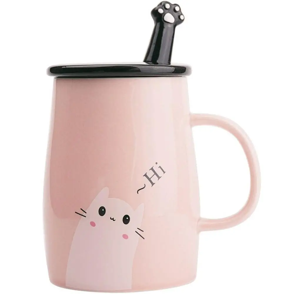 Pink Cute Cat Mug Funny Ceramic Coffee Mug with Stainless Steel Spoon