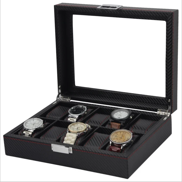 10 Slot Fashion Men Leather Carbon Fiber Luxury Black Pu Wrist Watch Organizer Display Storage Box