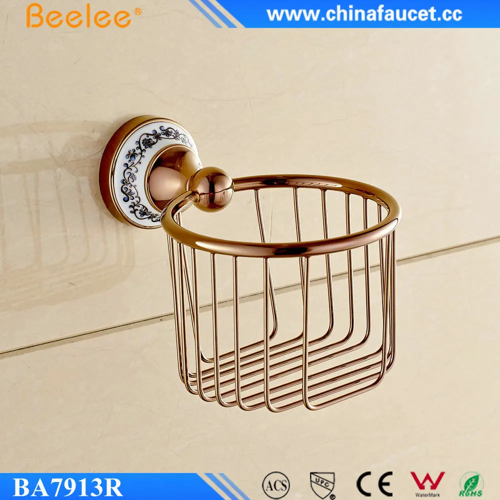 
Beelee BL7913R Solid Brass Rose Gold Toilet Paper Holder Wall Mounted Bathroom Paper Storage Basket 